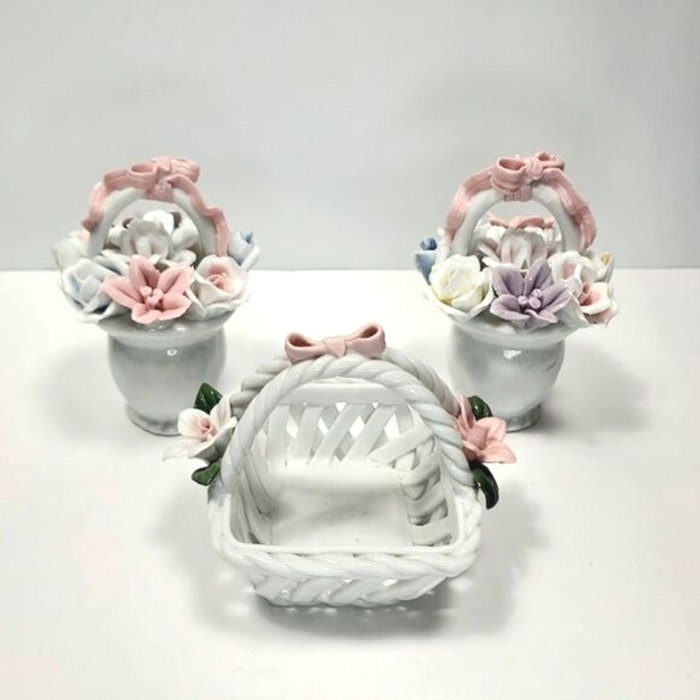 Porcelain Pastel Floral Decor Bundle of 3 Capodimonte Style